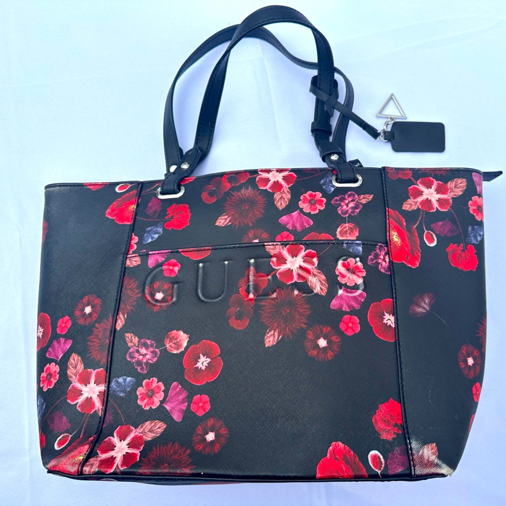 GUESS Black Tote Shoulder Bag w Colorful Flowers